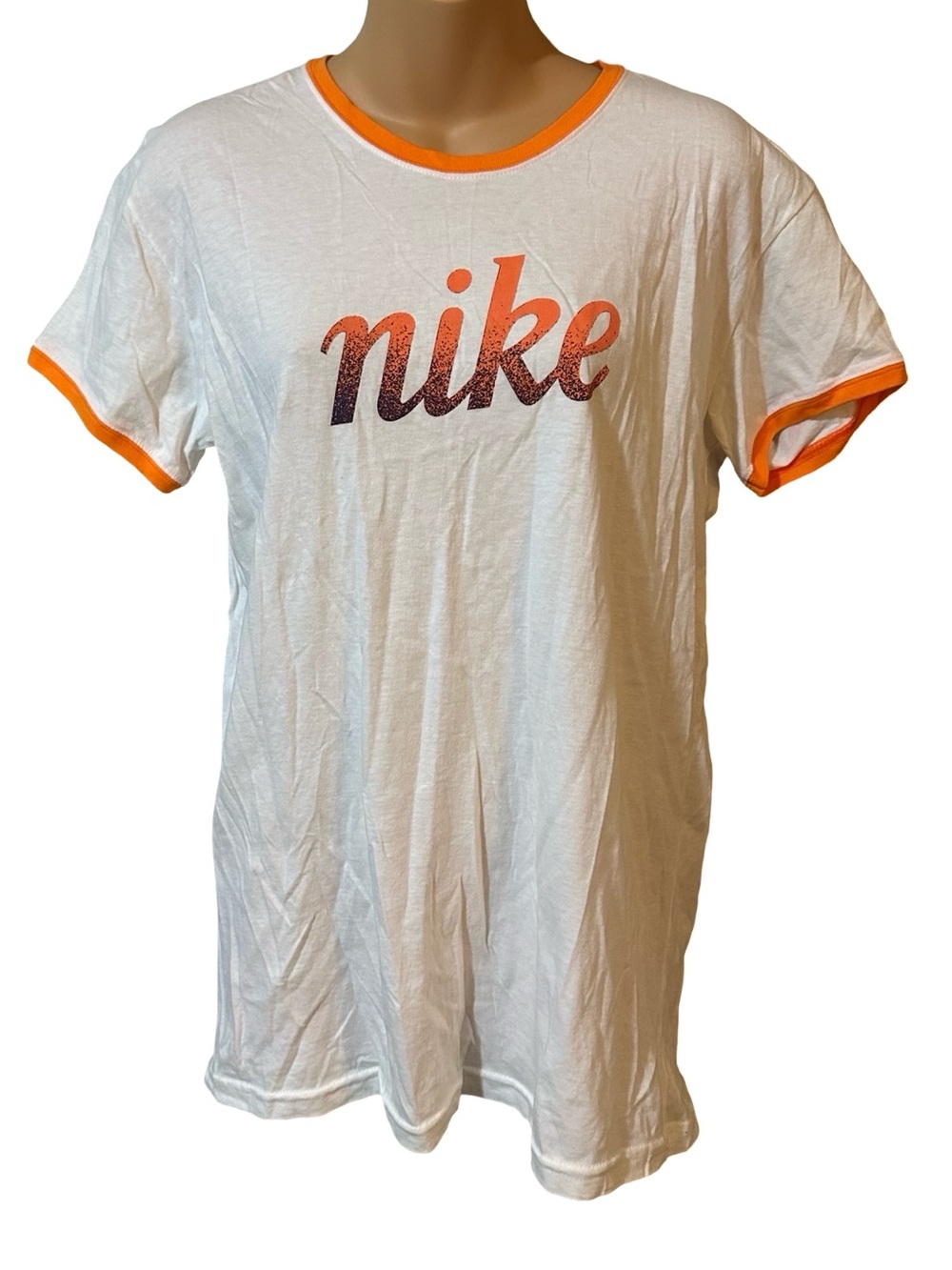 Nike XL Vintage Y2K T-Shirt White Orange Gradient Logo Retro Short Sleeve Tee